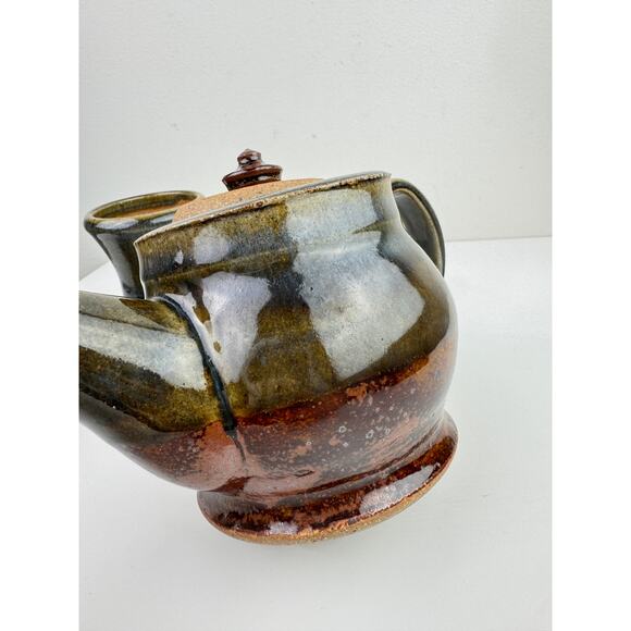 Brown Green Ceramic Hand Thrown Pottery Decorative Cup & Teapot Tea Set 3-Piece - Picture 6 of 12